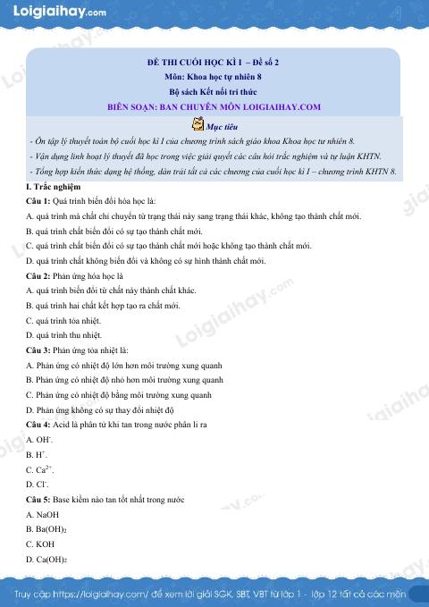 Đề thi học kì 1 KHTN 8 Kết nối tri thức - Đề số 2